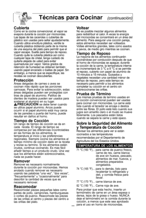 Page 24\f\f
tMcnicas para cocinar(continuación)
cubiertaComo en la cocina convencional, el vapor se
evapora durante la cocciYn por microondas\f
Las tapas de las cacerolas o cubiertas de
plUstico son usadas para sellar ajustadamente\f
Cuando utilice envoltura plUstica, ventile la
cubierta plUstica doblando parte de la misma
de una esquina del plato para permitir que el
vapor escape\f Suelte para tiempo de reposo\f
Cuando quite la cubierta plUstica asW como
cualquier tapa de cristal, tenga cuidado de
quitarla...