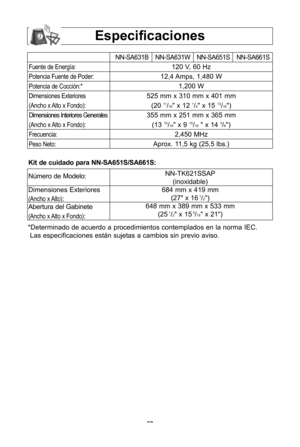 Page 29\f7
especificaciones
Fuente de EnergWa:
Potencia Fuente de Poder:
Potencia de CocciYn:*
Dimensiones Exteriores
(Ancho x Alto x Fondo\b:
Dimensiones Interiores Generales
(Ancho x Alto x Fondo\b:
Frecuencia:
Peso Neto:
*Determinado de acuerdo a procedimientos contemplados en la norma IEC\fLas especificaciones estUn sujetas a cambios sin previo aviso\f
NN-SA631B NN-SA631W NN-SA651S NN-SA661S
120 V, 60 hz 
12,4 Amps, 1,480 W 1,200 W
525 mm x 310 mm x 401 mm (20 
11/16" x 12 1/4" x 15 13/16"\b
355...