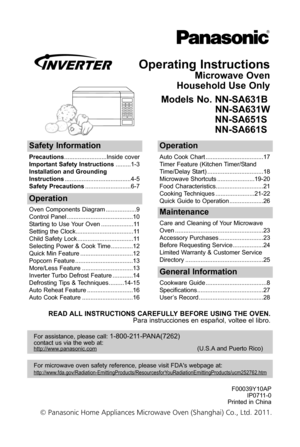 Page 1operating instructions
Microwave oven
household use only
Models no\b nn-sa631b nn-sa631W
nn-sa651s
nn-sa661s
safety information
Precautions \f\f\f\f\f\f\f\f\f\f\f\f\f\f\f\f\f\f\f\f\f\f\f\f\fInside cover
important safety instructions \f\f\f\f\f\f\f\f\f1-3
installation and grounding
instructions \f\f\f\f\f\f\f\f\f\f\f\f\f\f\f\f\f\f\f\f\f\f\f\f\f\f\f\f\f\f\f\f\f\f\f\f\f\f\f4-5
safety Precautions \f\f\f\f\f\f\f\f\f\f\f\f\f\f\f\f\f\f\f\f\f\f\f\f\f\f\f6-7
operation
Auto Cook Chart...