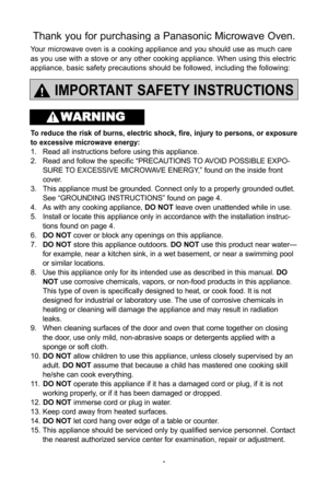 Page 31
iMPortant safety instructions
to reduce the risk of burns, electric shock, fire, injury to persons, or exposure
to excessive microwave energy:
1\f Read all instructions before using this appliance\f
2\f Read and follow the specific “PRECAUTIONS TO AVOID POSSIBLE EXPO-SURE TO EXCESSIVE MICROWAVE ENERGY,” found on the inside front 
cover\f 
3\f This appliance must be grounded\f Connect only to a properly grounded outlet\f  See “GROUNDING INSTRUCTIONS” found on page 4\f
4\f As with any cooking appliance,...