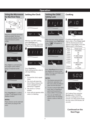 Page 118
Operation
Using the Microwave 
for the First Time
Plug into a properly grounded 
electrical outlet. The oven 
automatically defaults to the 
imperial measure system 
(oz/lb).
1
Press Stop/Reset to confirm; 
a colon (:) will appear in the 
display window.
NOTES:
These choices can be selected 
only when you plug-in the 
oven. Press Start to cycle between 
the weight system, Metric 
(
g/kg) or Imperial (oz/lb). 
2
3
Setting the ClockSetting the Child 
Safety Lock
When the time of day appears 
in the...