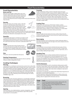 Page 1714
Food Characteristics
Bone and Fat
Both bone and fat affect cooking. Bones may cause 
irregular cooking. Meat next to the tips of bones may 
overcook while meat positioned under a large bone, 
such as a ham bone, may be undercooked. Large 
amounts of fat absorb microwave energy and the meat next to these areas 
may overcook. 
Density
Porous, airy foods such as breads, cakes or rolls take 
less time to cook than heavy, dense foods such as 
potatoes and roasts. When reheating donuts or other 
foods with...