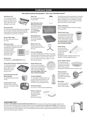 Page 96
Aluminum Foil
It is not recommended 
to use. Arcing can occur 
if foil is too close to oven 
wall or door and cause 
damage to your oven.
Browning Dish
Yes. Only use browning dishes that are designed 
for microwave cooking. Check browning dish 
information for instructions/heating chart. Do 
not preheat for more than six minutes.
Brown Paper Bags
No. They may cause a fire in 
the oven.
Microwave Safe
Yes. If labeled Microwave Safe, check 
manufacturers’ directions for use in 
microwave heating. 
Some...