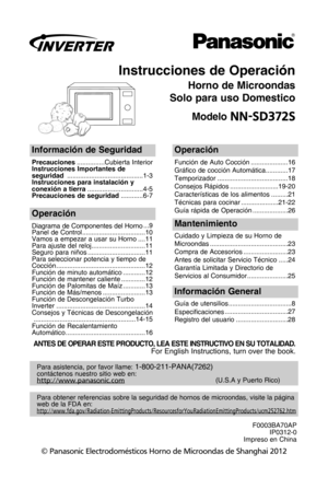 Page 1instrucciones de operaciUn
horno de Microondas
solo para uso domestico
Modelo //4%324
informaciUn de seguridad
Precauciones ...............Cubierta Interior
instrucciones importantes de
seguridad  .........................................1-3
instrucciones para instalaciUn y
conexiUn a tierra ..............................4-5
Precauciones de seguridad ............6-7
operaciUn
FunciYn de Auto CocciYn ....................16
GrUfico de cocciYn AutomUtica............17
Temporizador...