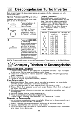 Page 1614
descongelaciUn turbo inverter
Esta funciYn le permite descongelar carne, productos avWcolas y pescado con sYlo
introducir el peso.
Coloque la comida en un plato adecuado
para el uso de microondas.
ejemplo: Para descongelar 1,5kgde carne\b
1\b• Presione la botYn de
DescongelaciYn
Turbo Inverter.
\f\b• Introducir el Tiempo\fPeso del alimento 
utilizando el Selector
de Peso en 1,5 libras.
3\b• Presione  encender.
El tiempo de
descongelado aparece
y empieza la cuenta
regresiva. A la mitad
del...