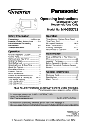 Page 1operating instructions
Microwave oven
household use only
Model 
no\b //4%324
safety information
Precautions .........................Inside cover
important safety instructions .........1-3
installation and grounding
instructions .......................................4-5
safety Precautions ...........................6-7
operation
Timer Feature (Kitchen Timer\fStand
Time\fDelay Start).................................18
Microwave Shortcuts ......................19-20
Food...