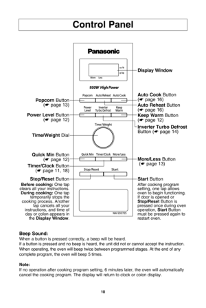 Page 1210
control Panel
beep sound:
When a button is pressed correctly, a beep will be heard.If a button is pressed and no beep is heard, the unit did not or cannot accept the instruction.
When operating, the oven will beep twice between programmed stages. At the end of anycomplete program, the oven will beep 5 times.
note:
If no operation after cooking program setting, 6 minutes later, the oven will automaticallycancel the cooking program. The display will return to clock or colon display.
Popcorn  Button
(*...