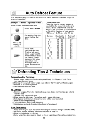 Page 1513
Auto Defrost Feature
This feature allows you to defrost foods such as: meat, poultry and seafood simply by
entering the weight.
Place food on microwave safe dish.Example: To defrost 1.5 pounds of meat  
1.• Press Auto Defrost.
2.• Set weight of the food
using the Pop-Out
Dial.
3.• Press Start.
Defrosting will start.
The time will count
down. Larger weight
foods will cause a sig-
nal midway through
defrosting. If 2 beeps
sound, turn over,
rearrange foods or
shield with aluminum
foil.Conversion Chart:...