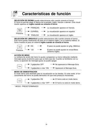 Page 1311
SELECCIÓN DE IDIOMA(puede seleccionarse sólo cuando conecta el horno)
El horno le permite elegir el idioma de la pantalla: inglés, francés o alemán. Esta visual-
ización aparece en inglés cuando se conecta el horno.
FRANÇAIS La visualización aparece en francés.
ESPAÑOL La visualización aparece en español.
*ENGLISH La visualización aparece en inglés.
SELECCIÓN DE LIBRA/KILO (puede seleccionarse sólo cuando conecta el horno)
Este horno posee mediciones de peso en el sistema inglés y en el sistema...