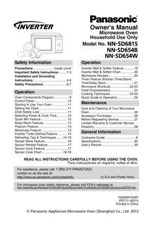 Page 1owner's Manual 
Microwave oven
Household Use Only
Model no.  //4%64
//4%654#
//4%6548
safety information
Precautions .........................Inside cover
important safety instructions .........1-3
installation and grounding
instructions .......................................4-5
safety Precautions ...........................6-7
operation
Inverter Melt & Soften Feature ............19
Inverter Melt & Soften Chart................2•f
Microwave Recipes .............................2•f
Timer Feature...