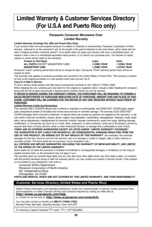 Page 3028
limited Warranty & customer services directory(for u.s.a and Puerto rico only) 
Panasonic consumer Microwave oven
limited Warranty
limited Warranty coverage (for usa and Puerto rico only)
If your product does not work properly because of a defect in materials or workmanship•b Panasonic Corporation of North
America  (referred to as “the warrantor”) will•b for the length of the period indicated on the chart below•b which starts with the
date of original purchase (“warranty period”)•b at its option...