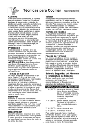 Page 27\f5
TIcnicas para cocinar(continuación)
cubiertaComo en la cocina convencional\b el vapor se
evapora durante la cocción por microondas.
Las tapas de las cacerolas o cubiertas de
plástico son usadas para sellar ajustadamente.
Cuando utilice envoltura plástica\b ventile la
cubierta plástica doblando parte de la misma
de una esquina del plato para permitir que el
vapor escape. Suelte para tiempo de reposo.
Cuando quite la cubierta plástica así como
cualquier tapa de cristal\b tenga cuidado de
quitarla...