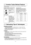 Page 15
13
This feature allows you to defrost foods such as: meat, poultry and seaf\
ood simply by
entering the weight.
Place food on microwave safe dish.Example: To defrost 1.5 pounds of meat  

1.• Press 
Inverter Turbo
Defrost .
2.• Set weight of the food,
using the Pop-Out
Dial.
3.• Press  Start.
Defrosting will start.
The time will count
down. Larger weight
foods will cause a sig-
nal midway through
defrosting. If 2 beeps
sound, turn over,
rearrange foods or
shield with aluminum
foil. Conversion Chart:...