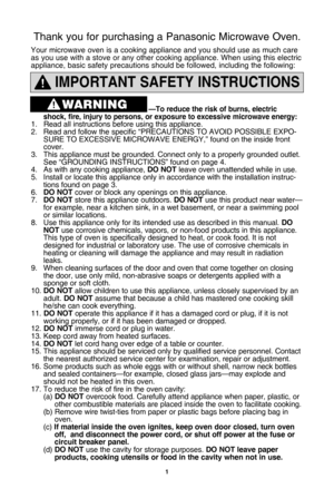 Page 31
iMPortant safety instructions
Vto reduce the risk of burns, electric 
shock, fire, injury to persons, or exposure to excessive microwave energy:
1. Read all instructions before using this appliance.
2. Read and follow the specific “PRECAUTIONS TO AVOID POSSIBLE EXPO- SURE TO EXCESSIVE MICROWAVE ENERGY,” found on the inside front 
cover. 
3. This appliance must be grounded. Connect only to a properly grounded outlet.  See “GROUNDING INSTRUCTIONS” found on page 4.
4. As with any cooking appliance,  do...