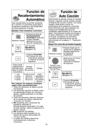 Page 4515
Función de
Recalentamiento AutomáticoFunción de
Auto Cocción
Para obtener los mejores resultados
seguir estas recomendaciones
1. Todos los alimentos se deben cocinar previamente.
2. Los alimentos siempre se deben cubrir sin demasiada firmeza con envoltura
plástica, papel parafinado o una tapa
de cazuela.
3. Todos los alimentos deberían disponer de un tiempo de reposo cubiertos de
3 minutos a 5 minutos.
4. NO recalentar pan o productos de
pastelería utilizando el
Recalentamiento Automático. En lugar
de...