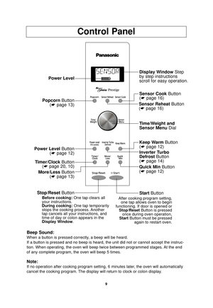 Page 119
Control Panel
Beep Sound:
When a button is pressed correctly, a beep will be heard.
If a button is pressed and no beep is heard, the unit did not or cannot \
accept the instruc-
tion. When operating, the oven will beep twice between programmed stages\
. At the end
of any complete program, the oven will beep 5 times.
Note:
If no operation after cooking program setting, 6 minutes later, the oven will automatically
cancel the cooking program. The display will return to clock or colon display.
Power Level...