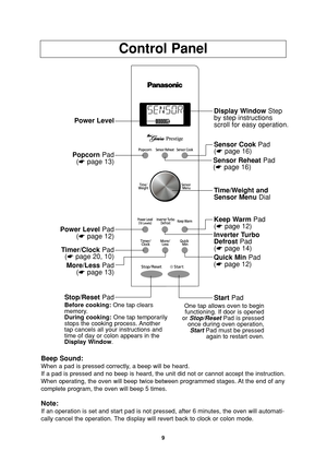 Page 119
Control Panel
Beep Sound:
When a pad is pressed correctly, a beep will be heard.
If a pad is pressed and no beep is heard, the unit did not or cannot accept the instruction.
When operating, the oven will beep twice between programmed stages. At the end of any
complete program, the oven will beep 5 times.
Note:
If an operation is set and start pad is not pressed, after 6 minutes, the oven will automati-
cally cancel the operation. The display will revert back to clock or colon mode.
Power Level
Popcorn...