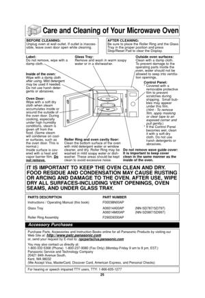 Page 2725
Care and Cleaning of Your Microwave Oven
Label: 
Do not remove, wipe with a
damp cloth.
Inside of the oven:
Wipe with a damp cloth
after using. Mild detergent
may be used if needed.
Do not use harsh deter-
gents or abrasives.
Oven Door:
Wipe with a soft dry
cloth when steam
accumulates inside or
around the outside of
the oven door. During
cooking, especially
under high humidity
conditions, steam is
given off from the
food. (Some steam
will condense on cool-
er surfaces, such as
the oven door. This is...