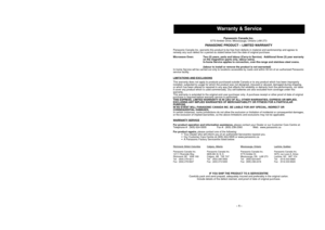 Page 2Service après-vente et garantie
- 1 -
- 1 -
Warranty & Service 
Panasonic Canada Inc.
5770 Ambler Drive, Mississauga, Ontario L4W 2T3
PANASONIC PRODUCT – LIMITED WARRANTY
Panasonic Canada Inc. warrants this product to be free from defects in material and workmanship and agrees to
remedy any such defect for a period as stated below from the date of original purchase.Microwave Oven:  Two (2) years, parts and labour (Carry-in Service).  Additional three (3) year warranty
on the magnetron (parts only, labour...