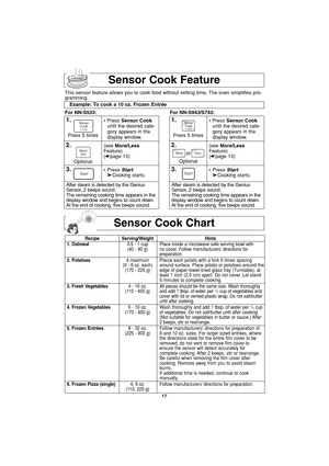 Page 1917
Sensor Cook Feature
This sensor feature allows you to cook food without setting time. The oven simplifies pro-
gramming.
Example: To cook a 10 oz. Frozen Entrée
For NN-S533: For NN-S943/S743:
1.
3.• Press Start.
➤Cooking starts.
After steam is detected by the Genius
Sensor, 2 beeps sound.
The remaining cooking time appears in the
display window and begins to count down.
At the end of cooking, five beeps sound.
• Press Sensor Cook
until the desired cate-
gory appears in the
display window.
2.(see...