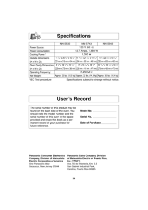 Page 30User’s Record
Specifications
Power Source:
Power Consumption:
Cooking Power:*
Outside Dimensions
(H x W x D):
Oven Cavity Dimensions
(H x W x D):
Operating Frequency:
Net Weight:
NN-S533 NN-S743 NN-S943
120 V, 60 Hz 
12.7 Amps, 1,460 W
1,300 W
11  7/8 x 20 3/8 x 15 7/811 15/16 x 21 7/8 x 19 7/16 14 x 23 7/8 x 19 7/16
(301 mm x 518 mm x 404 mm) (304 mm x 555 mm x 493 mm) (356 mm x 606 mm x 493 mm)
8 7/8 x 14 3/4 x 15 3/16 9 x 16 7/16 x 18 1/2 10 15/16 x 18 7/16 x 18 1/2
(225 mm x 375 mm x 386 mm) (228 mm...