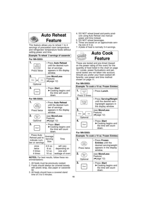 Page 1715
Auto Reheat
Feature
Auto Cook      
Feature
NOTES:For best results, follow these rec-
ommendations:
1. All foods must be previously cooked.
2. Foods should always be covered loosely
with plastic wrap, wax paper or casserole
lid.
3. All foods should have a covered stand
time of 3 to 5 minutes.
This feature allows you to reheat 1 to 4
servings of precooked room temperature
and refrigerator temperature foods without
setting power and time.
For NN-S553:
These are tested and pre-timed (based
on the power...