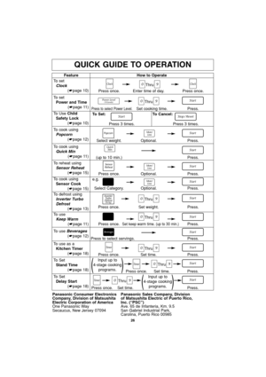 Page 2826
QUICK GUIDE TO OPERATION
Panasonic Consumer Electronics Panasonic Sales Company, Division
Company, Division of Matsushita of Matsushita Electric of Puerto Rico,
Electric Corporation of America Inc. (“PSC”)
One Panasonic Way Ave. 65 de Infanteria, Km. 9.5
Secaucus, New Jersey 07094 San Gabriel Industrial Park,
Carolina, Puerto Rico 00985
Feature
To set
Clock
(☛page 10)How to Operate
Thru
Press once. Enter time of day. Press once.
To set
Power and Time
(☛page 11)
To Use Child   
Safety Lock
(☛page 10)...