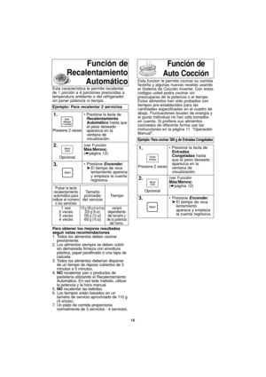 Page 45Función de
Auto Cocción
Para obtener los mejores resultados
seguir estas recomendaciones
1. Todos los alimentos deben cocinar
previamente.
2. Los alimentos siempre se deben cubrir
sin demasiada firmeza con envoltura
plástica, papel parafinado o una tapa de
cazuela.
3. Todos los alimentos deberían disponer
de un tiempo de reposo cubiertos de 3
minutos a 5 minutos.
4.NOrecalentar pan o productos de
pastelería utilizando el Recalentamiento
Automático. En vez este método, utilizar
la potencia y la hora...