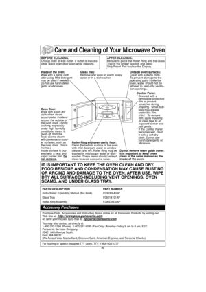 Page 2523
Care and Cleaning of Your Microwave Oven
BEFORE CLEANING:
Unplug oven at wall outlet. If outlet is inacces-
sible, leave oven door open while cleaning.AFTER CLEANING:
Be sure to place the Roller Ring and the Glass
Tray in the proper position and press
Stop/Reset Pad to clear the Display.
Inside of the oven:
Wipe with a damp cloth
after using. Mild detergent
may be used if needed.
Do not use harsh deter-
gents or abrasives.Glass Tray:
Remove and wash in warm soapy
water or in a dishwasher.Outside oven...