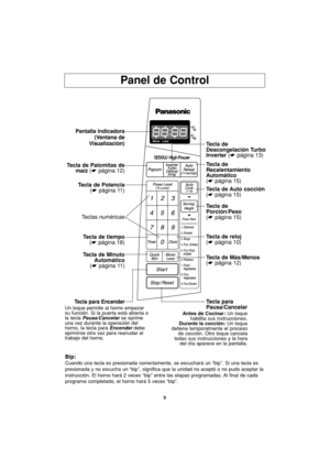 Page 419
Bip:
Cuando una tecla es presionada correctamente, se escuchará un “bip”. Si una tecla es
presionada y no escucha un “bip”, significa que la unidad no aceptó o no pudo aceptar la
instrucción. El horno hará 2 veces “bip” entre las etapas programadas. Al final de cada
programa completado, el horno hará 5 veces “bip”.
Panel de Control
Pantalla indicadora
(Ventana de
Visualización)
Tecla de Palomitas de
maíz(☛página 12)
Tecla de Potencia
(☛página 11)
Tecla de tiempo
(☛página 18)
Tecla de Minuto
Automático...