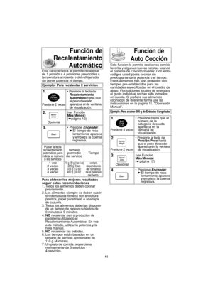 Page 4515
Función de
Auto Cocción
Para obtener los mejores resultados
seguir estas recomendaciones
1. Todos los alimentos deben cocinar
previamente.
2. Los alimentos siempre se deben cubrir
sin demasiada firmeza con envoltura
plástica, papel parafinado o una tapa
de cazuela.
3. Todos los alimentos deberían disponer
de un tiempo de reposo cubiertos de
3 minutos a 5 minutos.
4.NOrecalentar pan o productos de
pastelería utilizando el
Recalentamiento Automático. En vez
este método, utilizar la potencia y la
hora...