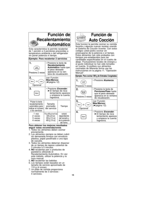 Page 4515
Función de
Recalentamiento
AutomáticoFunción de
Auto Cocción
Para obtener los mejores resultados
seguir estas recomendaciones
1. Todos los alimentos deben cocinar
previamente.
2. Los alimentos siempre se deben cubrir
sin demasiada firmeza con envoltura
plástica, papel parafinado o una tapa
de cazuela.
3. Todos los alimentos deberían disponer
de un tiempo de reposo cubiertos de
3 minutos a 5 minutos.
4.NOrecalentar pan o productos de
pastelería utilizando el
Recalentamiento Automático. En vez
este...