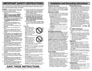 Page 34
WARNING—To reduce the risk of burns, elec-
tric shock, fire, injury to persons, or exposure
to excessive microwave energy:
1. Read all instructions before using the
appliance.
2. Read and follow the specific “PRECAU-
TIONS TO AVOID POSSIBLE EXPO-
SURE TO EXCESSIVE MICROWAVE
ENERGY,”found on the inside front cover. 
3. This appliance must be grounded. Connect
only to properly grounded outlet. See
“GROUNDING INSTRUCTIONS”found
on page 5.
4. Install or locate this appliance only in
accordance with the...