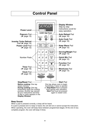 Page 119
Control Panel
Beep Sound:
When a pad is pressed correctly, a beep will be heard.
If a pad is pressed and no beep is heard, the unit did not or cannot accept the instruction.
When operating, the oven will beep twice between programmed stages. At the end of any
complete program, the oven will beep 5 times.
Power Level
Popcorn Pad
(☛page 13)
Power LevelPad
(☛page 12)
Inverter Turbo Defrost
Pad (☛page 14)
TimerPad
(☛page 18)
ClockPad
(☛page 10)
Stop/ResetPad
Number Pads
Auto ReheatPad
(☛page 16)
Display...