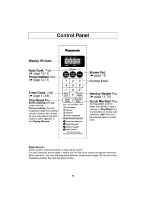 Page 1210
Control Panel
Beep Sound:
When a pad is pressed correctly, a beep will be heard.
If a pad is pressed and no beep is heard, the unit did not or cannot accept the instruction. 
When operating, the oven will beep twice between programmed stages. At the end of any
complete program, the oven will beep 5 times.
Display Window
Auto Cook  Pad 
(☛ page 13,16)
Timer/Clock  Pad
(☛ page 11,18)
Quick Min/StartPadOne tap allows oven to
begin functioning. If door is
opened or Stop/ResetPad
is pressed once during...