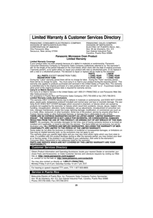 Page 2725
Limited Warranty & Customer Services Directory
PANASONIC CONSUMER ELECTRONICS COMPANY,  PANASONIC SALES COMPANY,
DIVISION OF MATSUSHITA ELECTRIC DIVISION OF MATSUSHITA
CORPORATION OF AMERICA ELECTRIC OF PUERTO RICO, INC.,
One Panasonic Way Ave. 65 de Infanteria, Km. 9.5
Secaucus, New Jersey 07094  San Gabriel Industrial Park
Carolina, Puerto Rico 00985
Panasonic Microwave Oven Product
Limited Warranty
Limited Warranty Coverage
If your product does not work properly because of a defect in materials or...