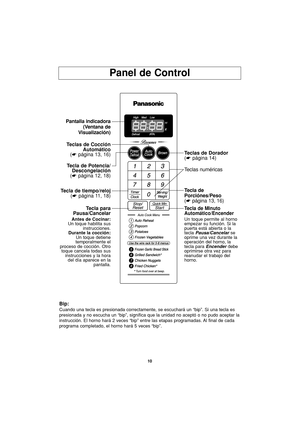 Page 4210
Panel de Control
Bip:
Cuando una tecla es presionada correctamente, se escuchará un “bip”. Si una tecla es
presionada y no escucha un “bip”, significa que la unidad no aceptó o no pudo aceptar la
instrucción. El horno hará 2 veces “bip” entre las etapas programadas. Al final de cada
programa completado, el horno hará 5 veces “bip”.
Pantalla indicadora
(Ventana de
Visualización)
Teclas de Cocción
Automático
(☛página 13, 16)
Tecla de tiempo/reloj
(☛página 11, 18)
Tecla de Minuto
Automático/Encender
Un...