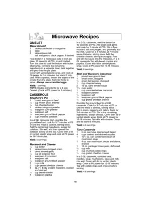Page 2018
Microwave Recipes
OMELET
Basic Omelet1 tablespoon butter or margarine
2 eggs
2 tablespoons milk
salt and ground black pepper, if desired
Heat butter in a microwave safe 9-inch pie
plate, 20 seconds at P10, or until melted.
Turn the plate to coat the bottom with butter.
Meanwhile, combine the remaining 
ingredients in a separate bowl, beat together
and pour into the pie plate. 
Cover with vented plastic wrap, and cook at
P6 power for 3-4 minutes. Let stand 2 min-
utes. With a spatula, loosen the edges...