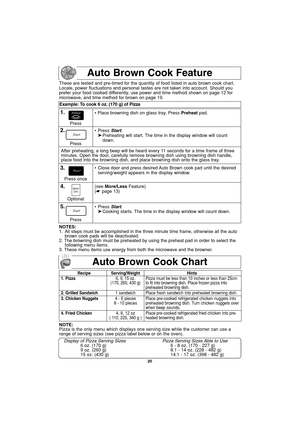 Page 2220
Auto Brown Cook Chart
Auto Brown Cook Feature
NOTE:
Pizza is the only menu which displays one serving size while the customer can use a
range of serving sizes (see pizza label below or on the oven).
Display of Pizza Serving Sizes Pizza Serving Sizes Able to Use
6 oz. (170 g) 6 - 8 oz. (170 - 227 g)
9 oz. (260 g) 8.1 - 14 oz. (228 - 482 g)
15 oz. (430 g) 14.1 - 17 oz. (398 - 482 g)
Recipe Serving/Weight Hints
1. Pizza6, 9, 15 oz. Pizza must be less than 10 inches or less than 25cm 
(170, 260, 430 g) to...