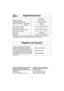 Page 6430
Registro de Usuario
Especificaciones
Fuente de Energia:
Potencia Fuente de Poder:
Potencia de Cocción: Microondas*:
Dorador:
Dimensiones Exteriores
(Alto x Ancho x Fondo):
Dimensiones Cavidad del Horno
(Alto x Ancho x Fondo):
Frecuencia:
Peso Neto:NN-G463
120 V, 60 Hz 
11,2 Amps, 1 230 W
1 200 W
1 100 W
304 mm x 510 mm x 392 mm
(12  x 20  x 15 
1/2 )
217 mm x 359 mm x 352 mm
(8 
1/2  x 14 1/8  x 13 7/8 )
2 450 MHz
Aprox. 12,5 kg (27,5 lb)
*Determinado de acuerdo a procedimientos contemplados en la...