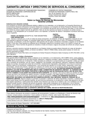 Page 6931
GARANTÍA LIMITADA Y DIRECTORIO DE SERVICIOS AL CONSUMIDOR
COMPAÑÍA ELECTRÓNICA DE CONSUMIDORES PANASONIC,  COMPAÑÍA DE VENTAS PANASONIC,
DIVISIÓN DE PANASONIC CORPORACION DE DIVISIÓN DE PANASONIC PUERTO RICO, INC.
NORTE AMÉRICANA Ave. 65 de Infantería, Km. 9.5
One Panasonic Way Parque Industrial San Gabriel
Secaucus, New Jersey 07094, USA Carolina, Puerto Rico 00985
PANASONIC
Sobre La Gama De Hornos De Microondas
Garantía Limitada 
Cobertura de la Garantía Limitada 
Si su producto no funciona...