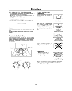 Page 2119
Operation
How to Use the Shelf When Microwaving
1. The shelf must be positioned on Shelf Supports securely to
prevent damage to the oven from arcing.
2.DO NOTuse a microwave browning dish on the shelf. The
shelf and dish could overheat.
3.DO NOTuse the oven with the shelf on the microwave floor.
This could damage the microwave. 
4. Use pot holders when handling the shelf—it may be hot. 
Caution:
Do not heat liquids on shelf, use the turntable for heating liq-
uids.
Also be careful when removing hot...