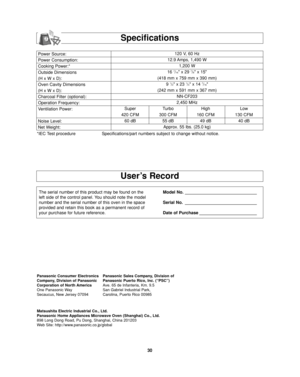 Page 3230
Power Source:
Power Consumption:
Cooking Power:*
Outside Dimensions
(H x W x D):
Oven Cavity Dimensions
(H x W x D):
Charcoal Filter (optional):
Operation Frequency:
Ventilation Power:
Noise Level:
Net Weight:120 V, 60 Hz 
12.9 Amps, 1,490 W
1,200 W
16 
7/16 x 29 7/8 x 15
(418 mm x 759 mm x 390 mm)
9 
1/2 x 23 1/4 x 14 7/16
(242 mm x 591 mm x 367 mm)
NN-CF203
2,450 MHz
Super Turbo High Low
420 CFM 300 CFM 160 CFM 130 CFM
60 dB 55 dB 49 dB 40 dB
Approx. 55 lbs. (25.0 kg)
*IEC Test procedure...