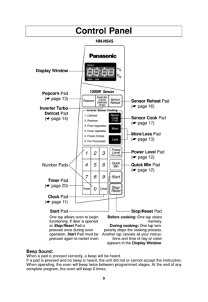 Page 119
Control Panel
NN-H645
Quick MinPad
(☛page 12)
Power LevelPad
(☛page 12)
More/LessPad
(☛page 13)
Sensor CookPad
(☛page 17)
Sensor Reheat Pad
(☛page 16)
Display Window
Popcorn Pad
(☛page 13)
Inverter Turbo
Defrost Pad
(☛page 14)
TimerPad
(☛page 20)
ClockPad
(☛page 11)
StartPad Number Pads
Beep Sound:When a pad is pressed correctly, a beep will be heard.
If a pad is pressed and no beep is heard, the unit did not or cannot accept the instruction.
When operating, the oven will beep twice between programmed...