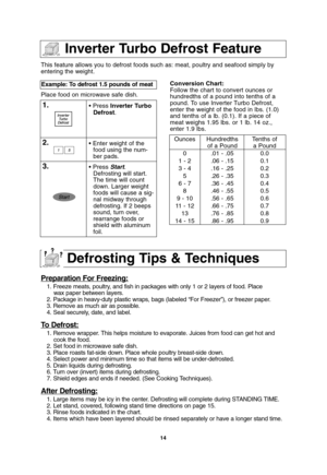 Page 1614
This feature allows you to defrost foods such as: meat, poultry and seafood simply by
entering the weight.
Place food on microwave safe dish.Example: To defrost 1.5 pounds of meat  
1.• Press Inverter Turbo
Defrost.
2.• Enter weight of the
food using the num-
ber pads.
3.• Press Start.
Defrosting will start.
The time will count
down. Larger weight
foods will cause a sig-
nal midway through
defrosting. If 2 beeps
sound, turn over,
rearrange foods or
shield with aluminum
foil.Conversion Chart:
Follow...