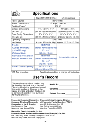 Page 3028
User’s Record
The serial number of this product may
be found on the back side of the oven.
You should note the model number and
the serial number of this oven in the
space provided and retain this book as
a permanent record of your purchase
for future reference.Model No. __________________
Serial No. __________________
Date of Purchase ____________
Specifications
Power Source:
Power Consumption:
Cooking Power:*
Outside Dimensions
(H x W x D):
Oven Cavity Dimensions
(H x W x D):
Operating Frequency:...