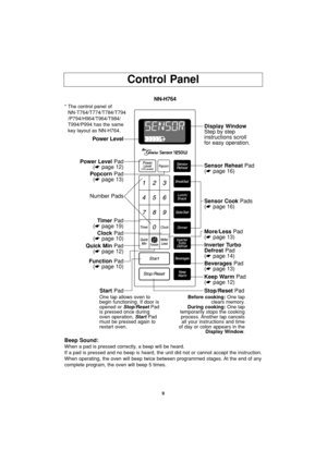 Page 119
Control Panel
Beep Sound:
When a pad is pressed correctly, a beep will be heard.
If a pad is pressed and no beep is heard, the unit did not or cannot accept the instruction.
When operating, the oven will beep twice between programmed stages. At the end of any
complete program, the oven will beep 5 times.
Power Level
Popcorn Pad
(☛page 13)
Power LevelPad
(☛page 12)
TimerPad
(☛page 19)
Quick MinPad
(☛page 12)
StartPad
FunctionPad
(☛page 10)
ClockPad
(☛page 10) Number Pads
Sensor Reheat Pad
(☛page 16)...