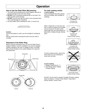 Page 2119
Operation
How to Use the Shelf When Microwaving
1. The shelf must be positioned on Shelf Supports securely to
prevent damage to the oven from arcing.
2.DO NOTuse a microwave browning dish on the shelf. The
shelf and dish could overheat.
3.DO NOTuse the oven with the shelf on the microwave floor.
This could damage the microwave. 
4. Use pot holders when handling the shelf—it may be hot. 
Caution:
Do not heat liquids on shelf, use the turntable for heating liq-
uids.
Also be careful when removing hot...