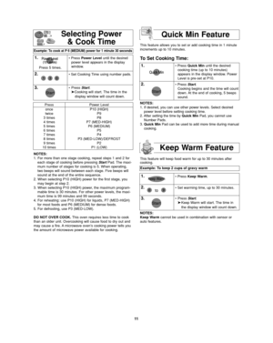 Page 1311
Press 5 times.
Press
once
twice
3 times
4 times
5 times
6 times
7 times
8 times
9 times
10 timesPower Level
P10 (HIGH)
P9
P8
P7 (MED-HIGH)
P6 (MEDIUM)
P5
P4
P3 (MED-LOW)/DEFROST
P2
P1 (LOW)This feature allows you to set or add cooking time in 1 minute
increments up to 10 minutes.
To Set Cooking Time:
Selecting Power
& Cook Time
Example: To cook at P 6 (MEDIUM) power for 1 minute 30 seconds  
1.• Press Power Leveluntil the desired
power level appears in the display
window.
2.• Set Cooking Time using...