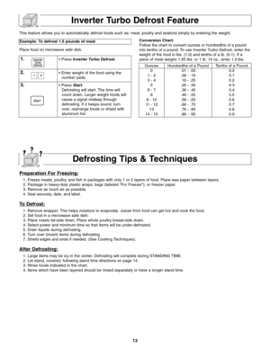 Page 1513
Conversion Chart:
Follow the chart to convert ounces or hundredths of a pound
into tenths of a pound. To use Inverter Turbo Defrost, enter the
weight of the food in lbs. (1.0) and tenths of a lb. (0.1). If a
piece of meat weighs 1.95 lbs. or 1 lb. 14 oz., enter 1.9 lbs.
Inverter Turbo Defrost Feature
1.• Press Inverter Turbo Defrost.
2.• Enter weight of the food using the
number pads.
3.• Press Start.
Defrosting will start. The time will
count down. Larger weight foods will
cause a signal midway...